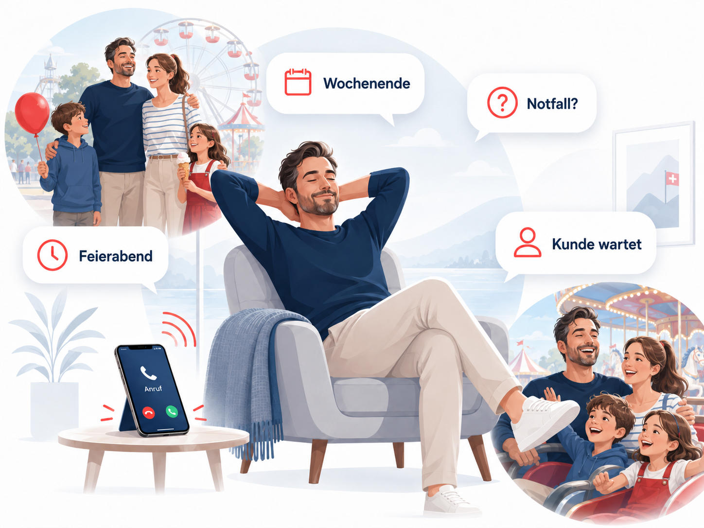 Entspannter Familienvater in der Freizeit, während Anrufe im Hintergrund organisiert werden